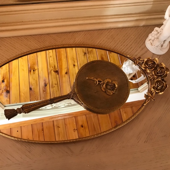 Vintage Gold Rose Stylebulit Mirrored Vanity Tray, Hand Mirror + Tissue Box - Picture 4 of 5